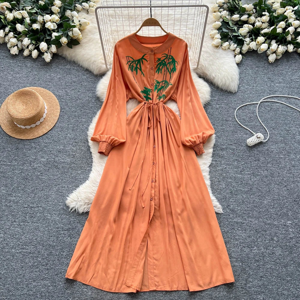 Embroidered Print Button Bodycon Dress