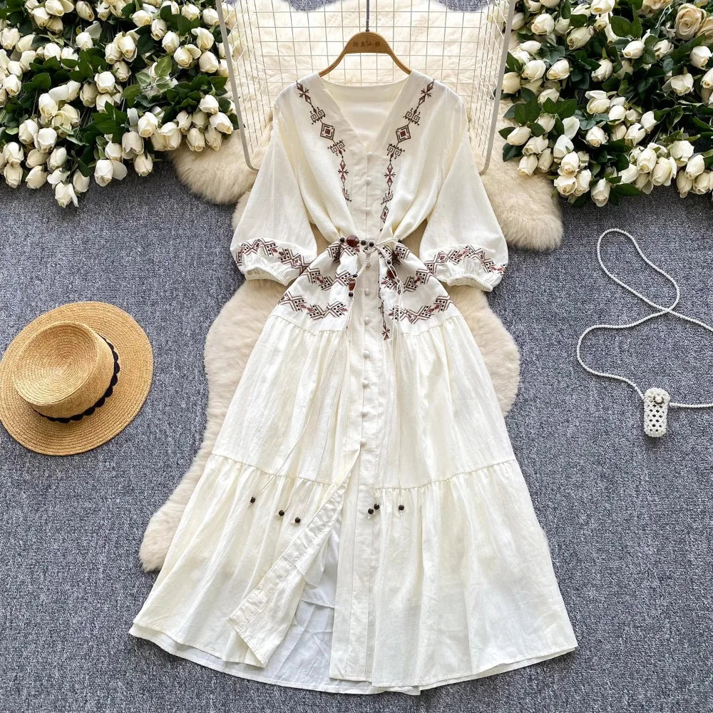 Print Button Front V-Neck Beach Dress