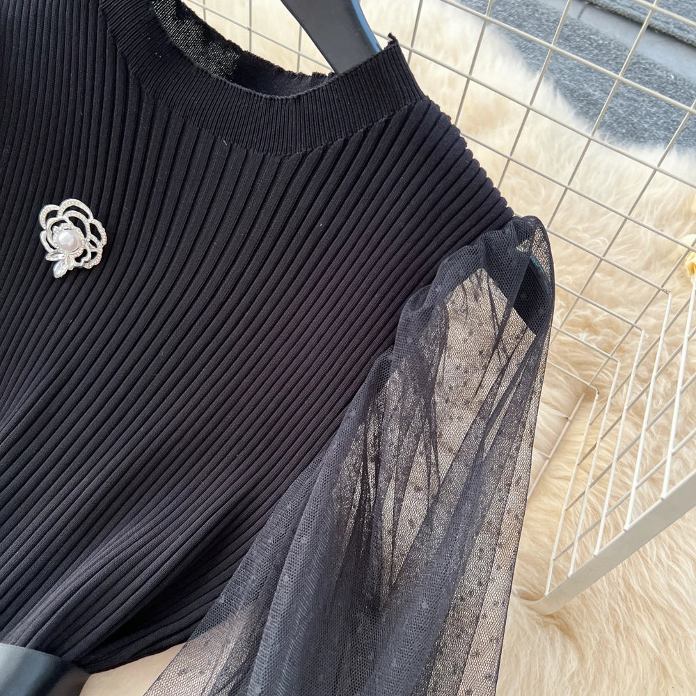 Mesh Layered Look Long Sleeve Party Dress