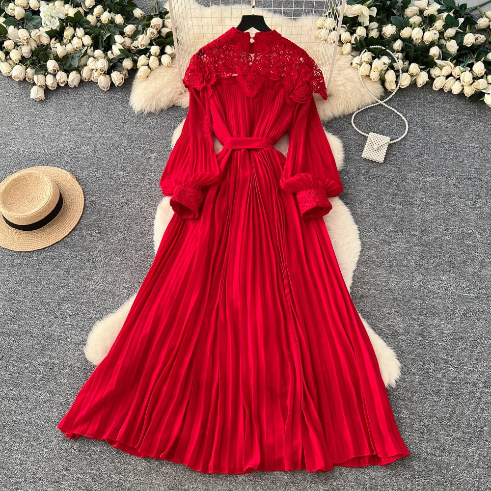 Hollow Out Lace-Up Long Sleeve Maxi Dress