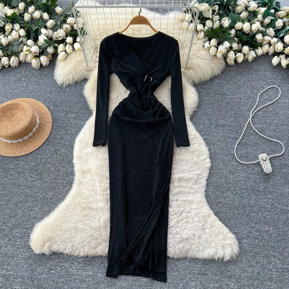 V-Neck Long Sleeve Office Dress