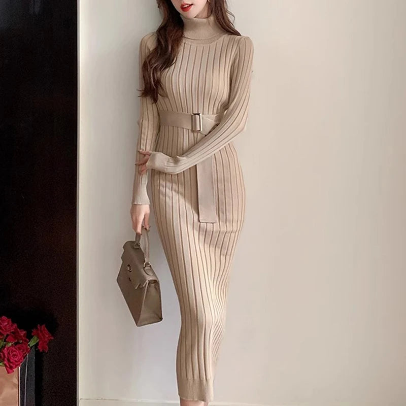 Turtleneck Belted Ribbed Sweater Dress