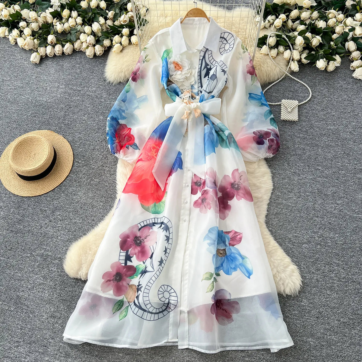 Print Tie-Waist Lantern Sleeve Maxi Dress
