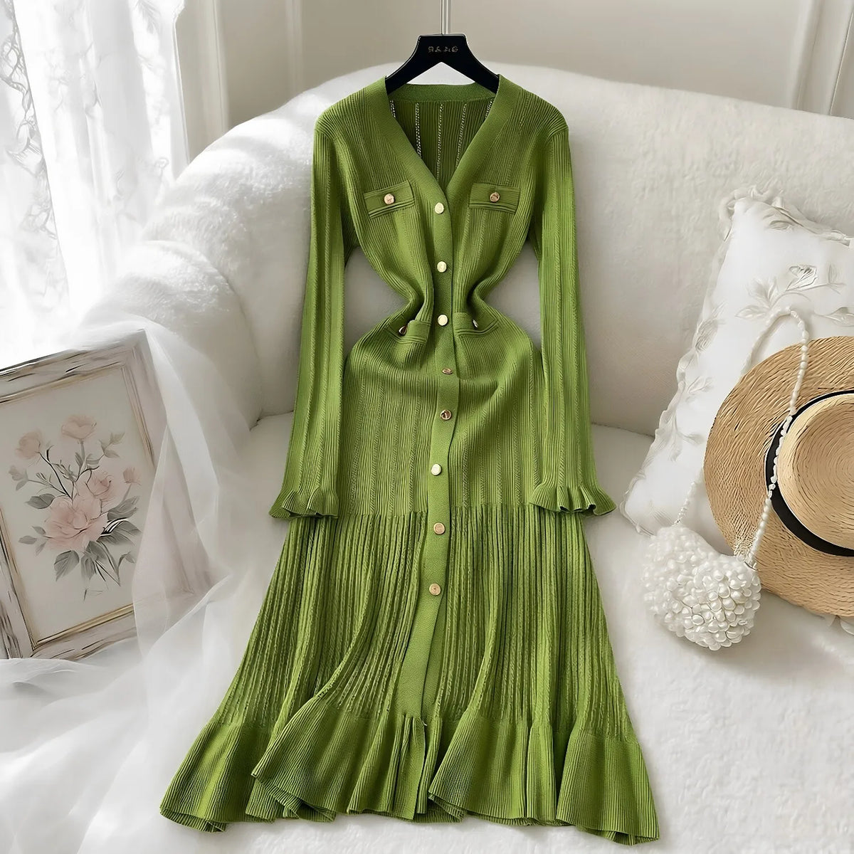 Vintage Ruffled V-Neck Knit Maxi Dress