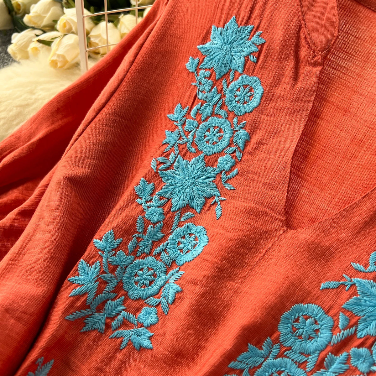 Embroidered V-Neck Puff Sleeve Beach Dress