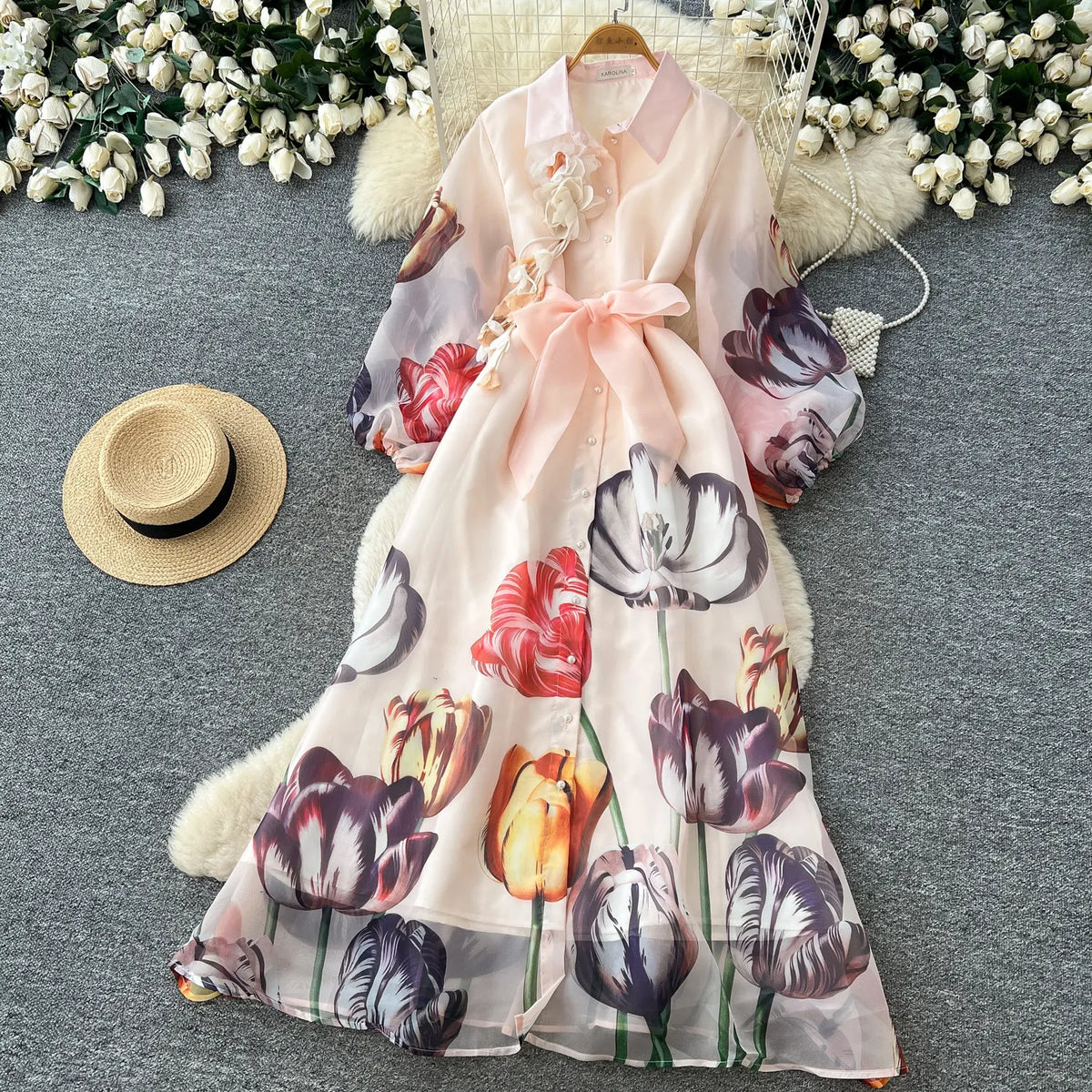 Print Tie-Waist Lantern Sleeve Maxi Dress