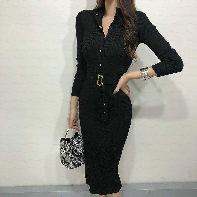 Crew Neck Button Knit Maxi Sweater Dress