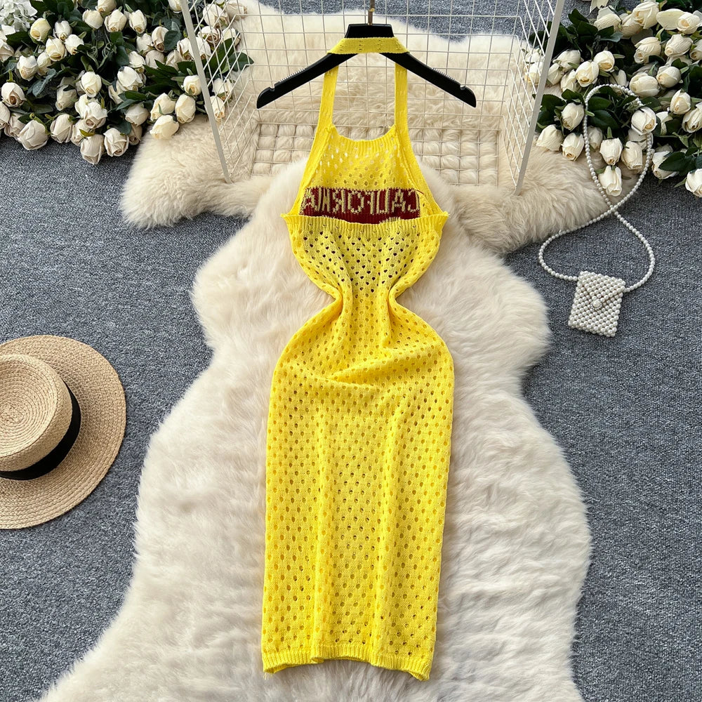 Letter Print Halter Knit Beach Dress