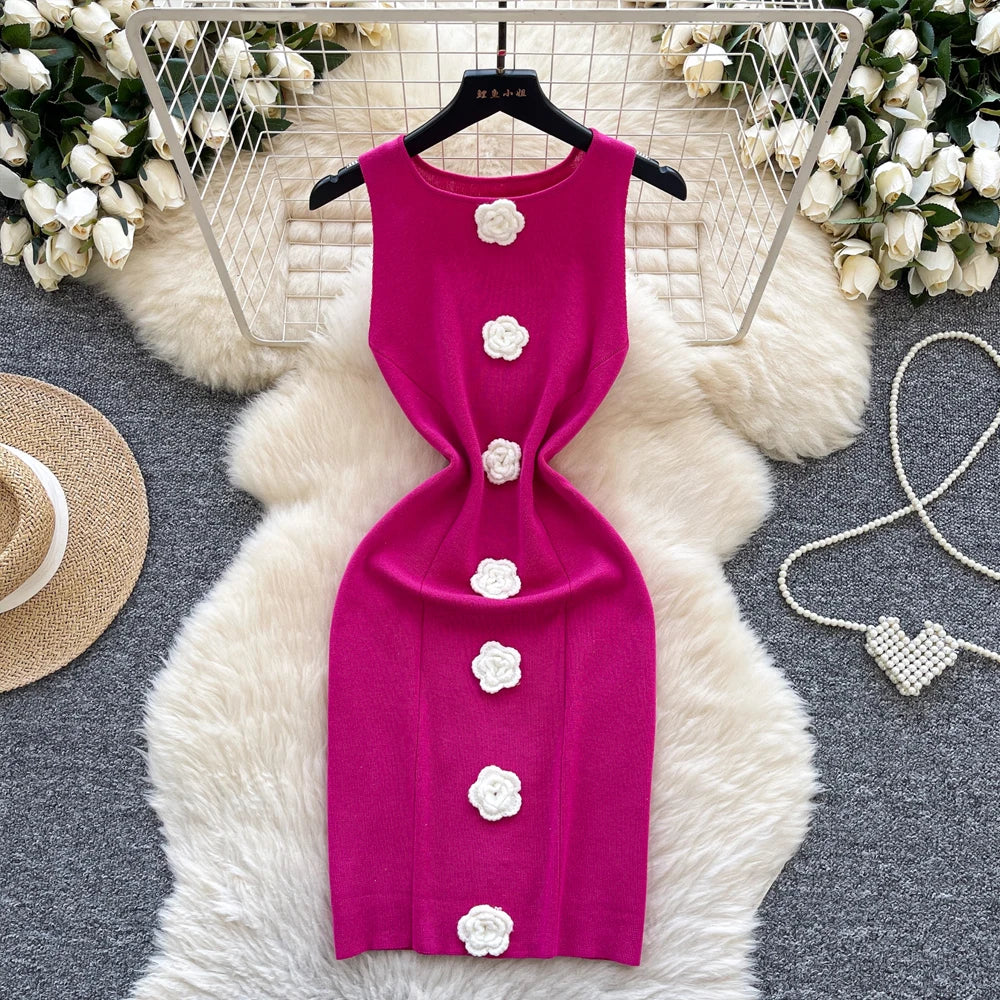3D Flower Sleeveless Knit Mini Dress