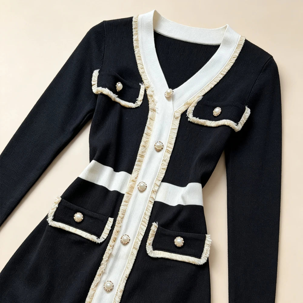 Black And White Slim Waist Knit Mini Dress