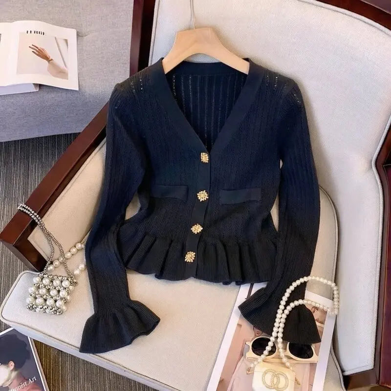 Rhinestone Ruffled V-Neck Knit Cardigan