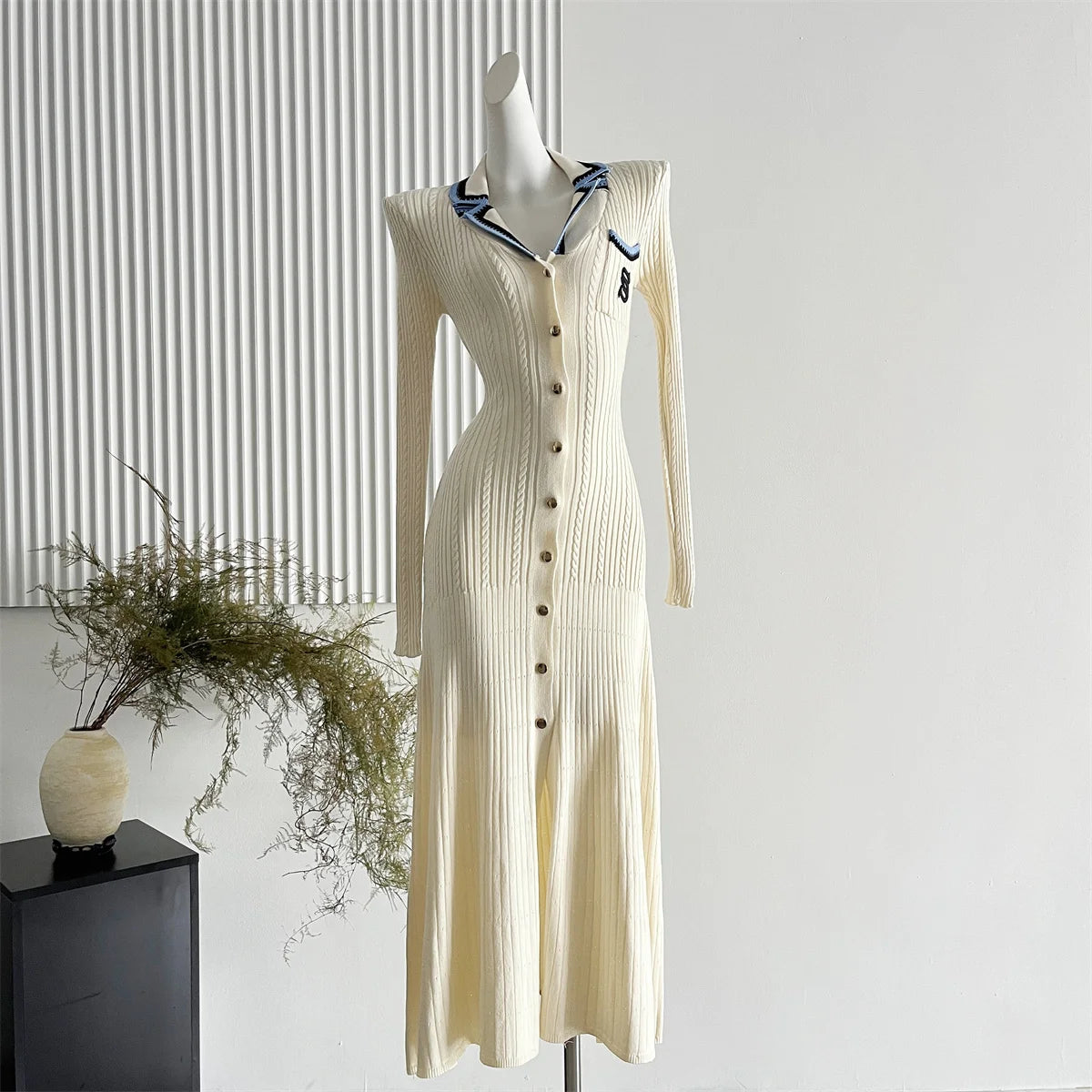 Embroidered Collared Knit Maxi Shirt Dress