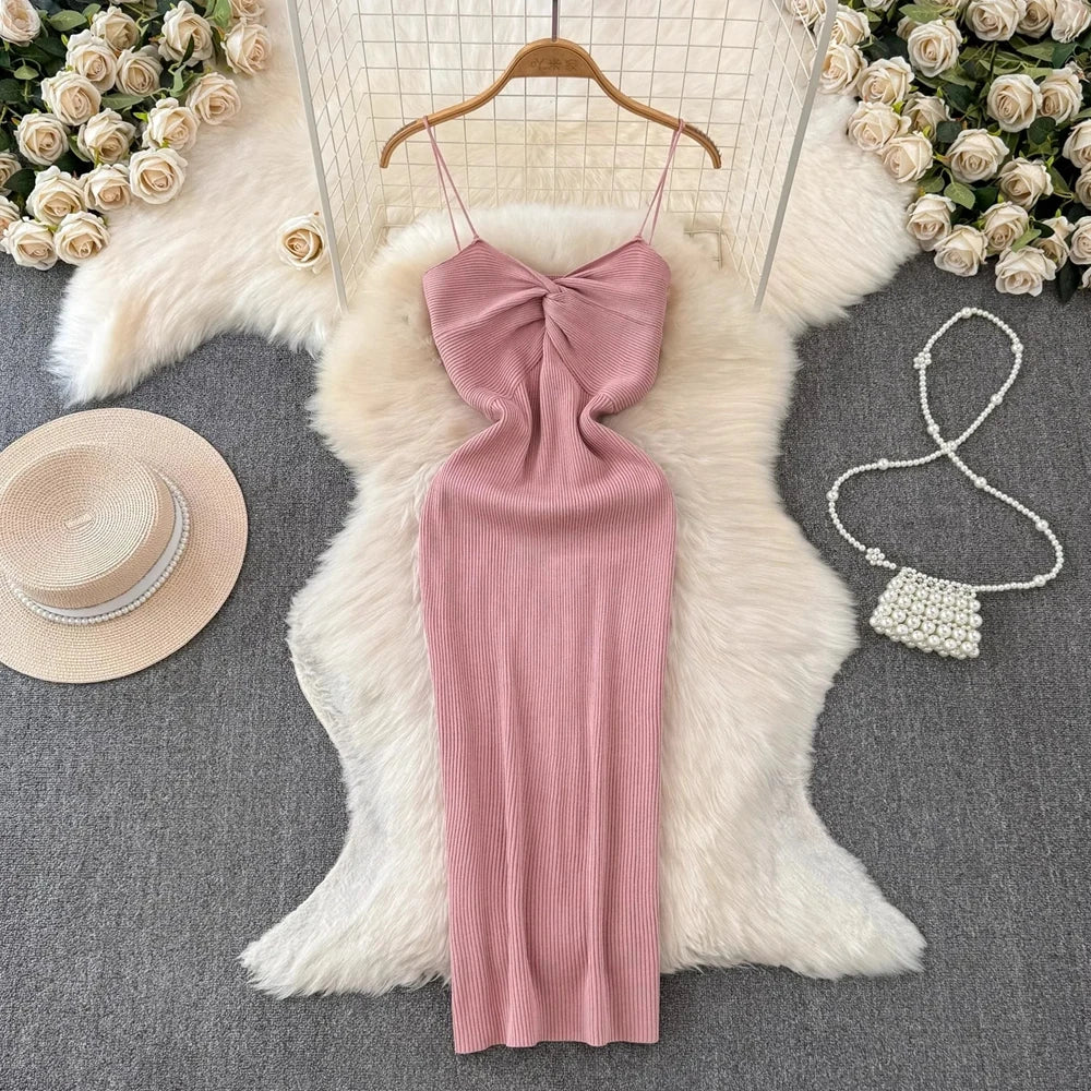 V-Neck Knit Spaghetti Strap Midi Dress
