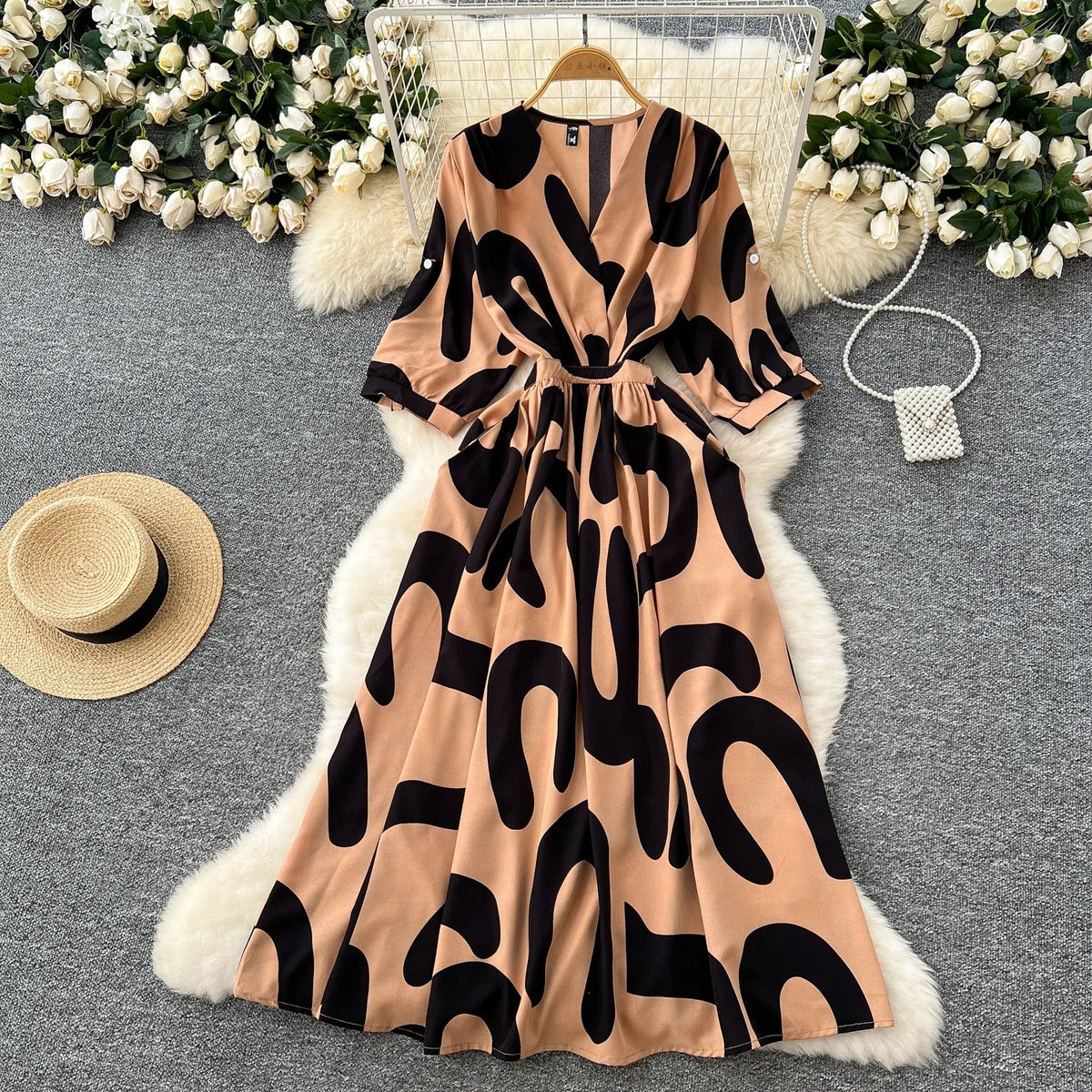 Print Pleated Lace-Up V-Neck Sundress