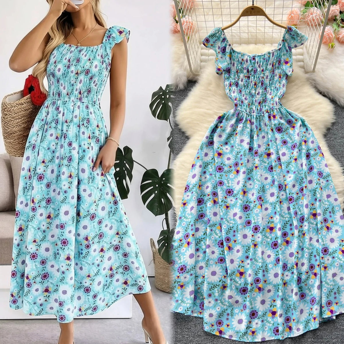 Floral Elastic Waist Swing Maxi Dress