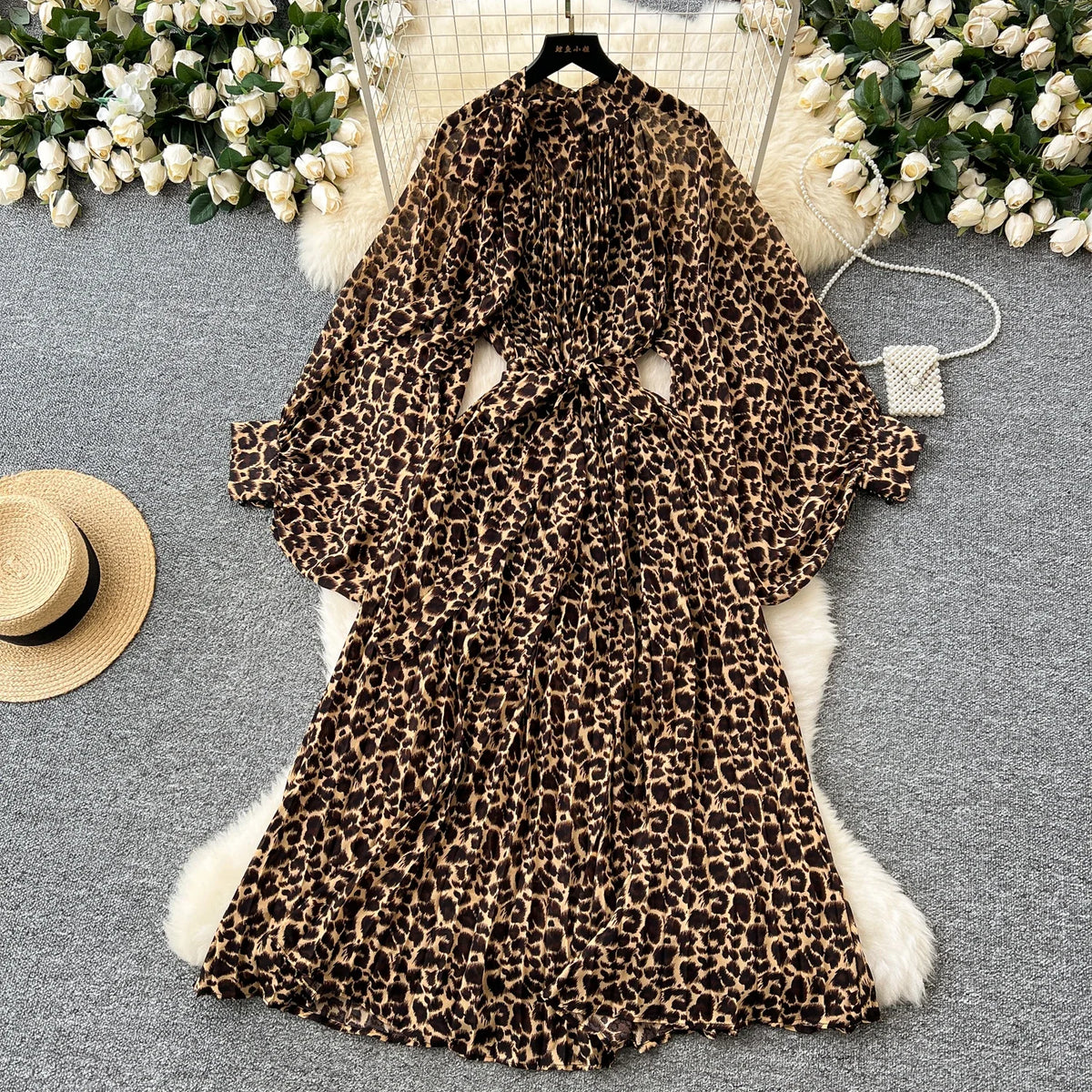 Print Bow Flare Sleeve Maxi Dress