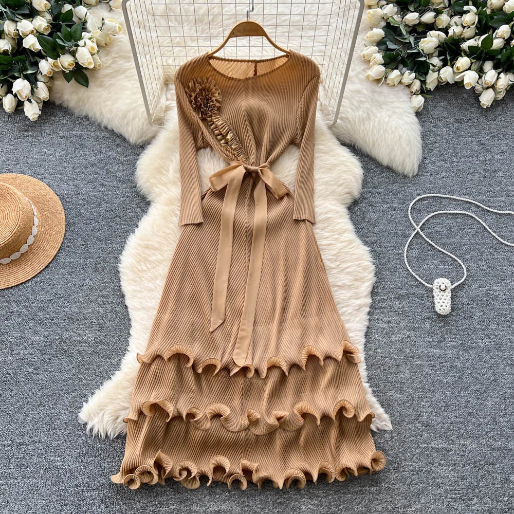 Floral O-Neck Ruched Long Sleeve Dress