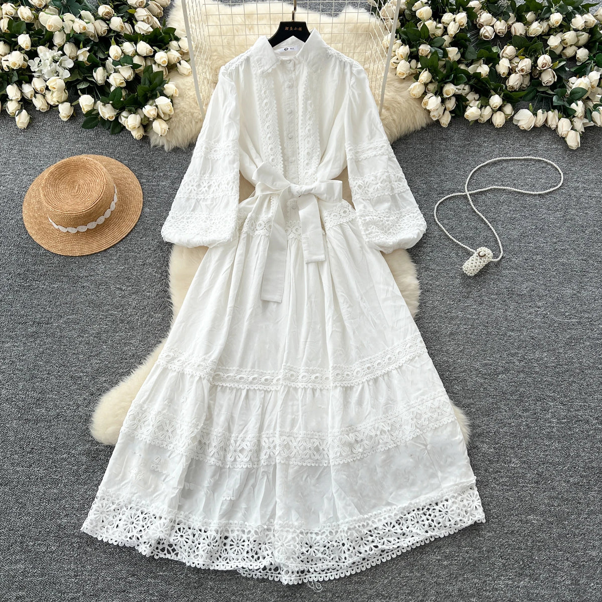 Lace-Up Single Breasted Lace Long Dress