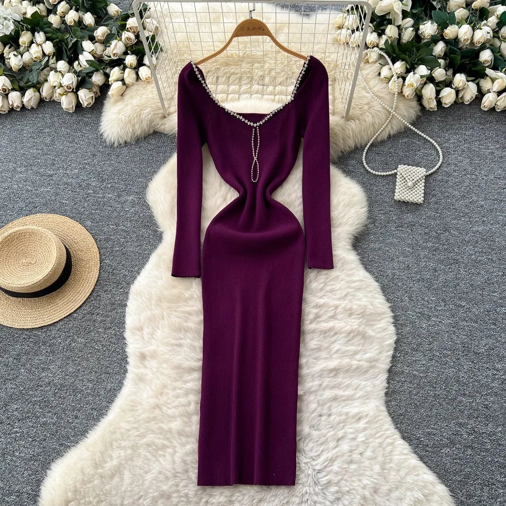 Rhinestone Long Sleeve Bodycon Maxi Dress