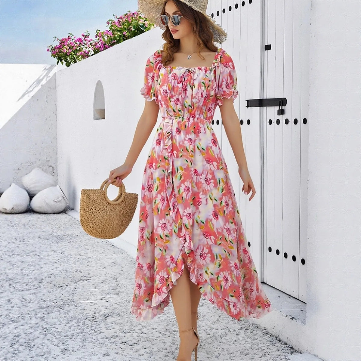 Floral Chiffon V-Neck A-Line Maxi Dress