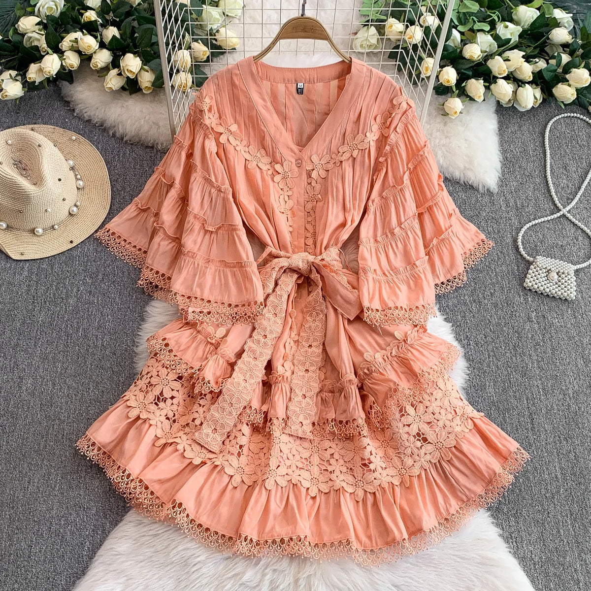 Spliced V-Neck Short Sleeve Beach Dress