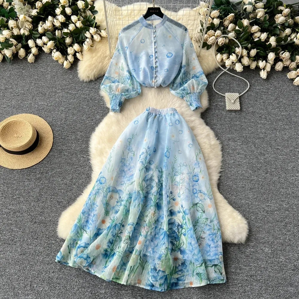 Lantern Sleeve Print Top and Mesh Skirt Set