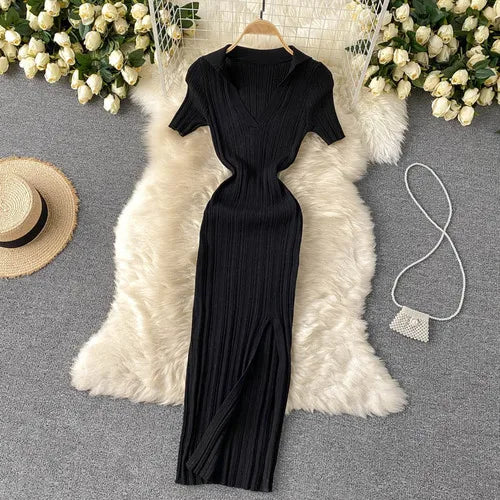 Striped Knit Collared Wrap Bodycon Dress
