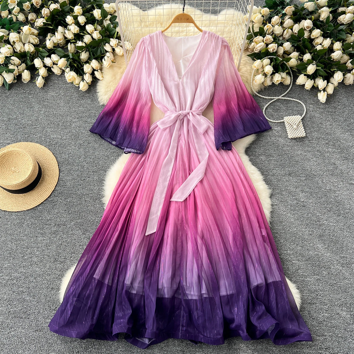 Gradient Flare Sleeve A-Line Maxi Dress