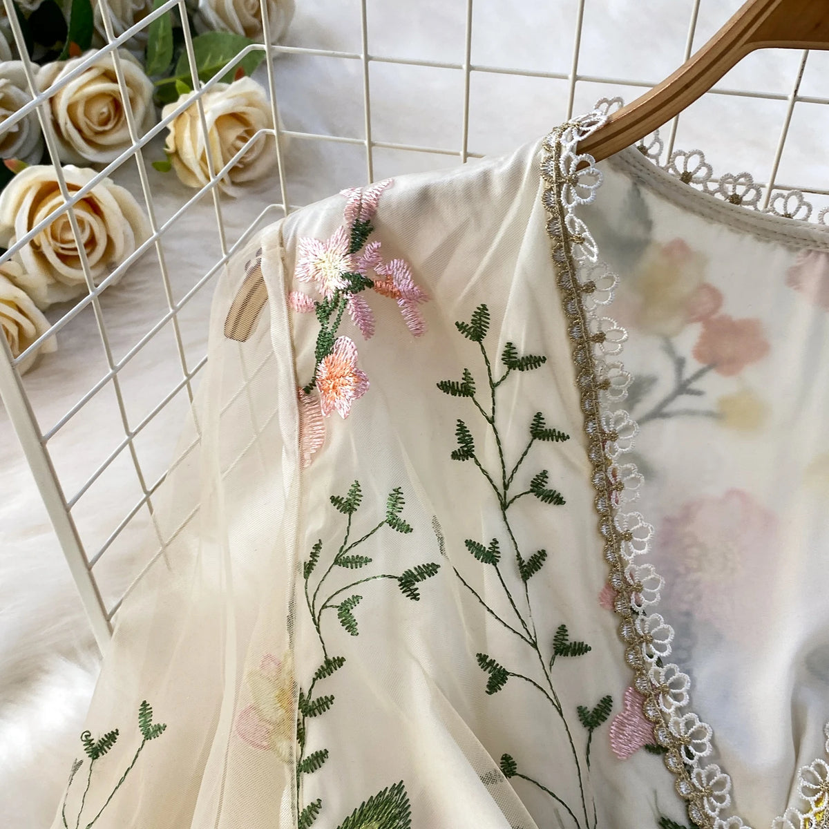 Embroidered Mesh Long Sleeve Evening Dress