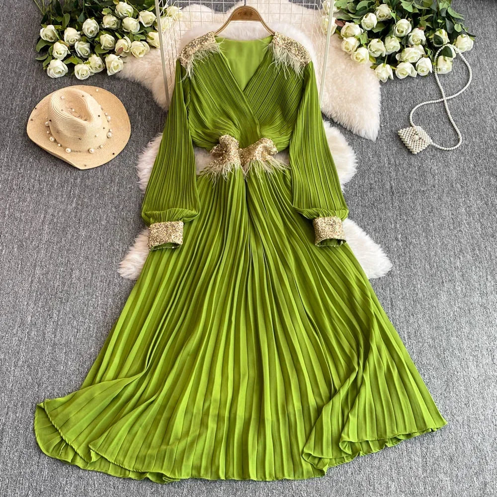 Pleated Embroidered Sequin V-Neck Dress
