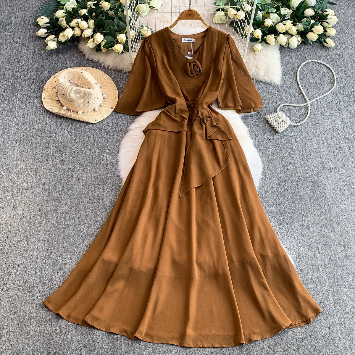 Short Sleeve V-Neck A-Line Dress