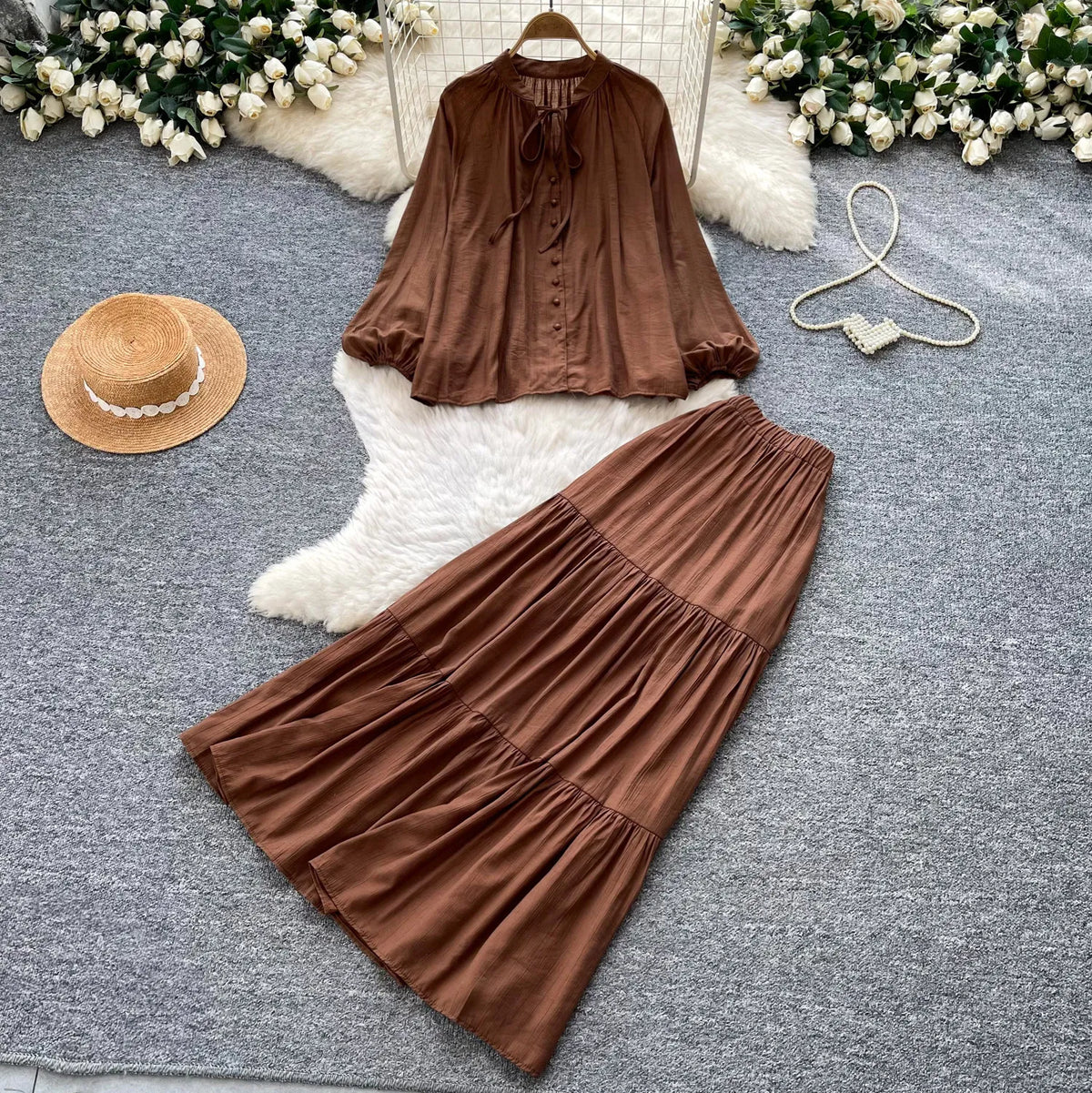 Tie Front Shirt and A-Line Skirt Set