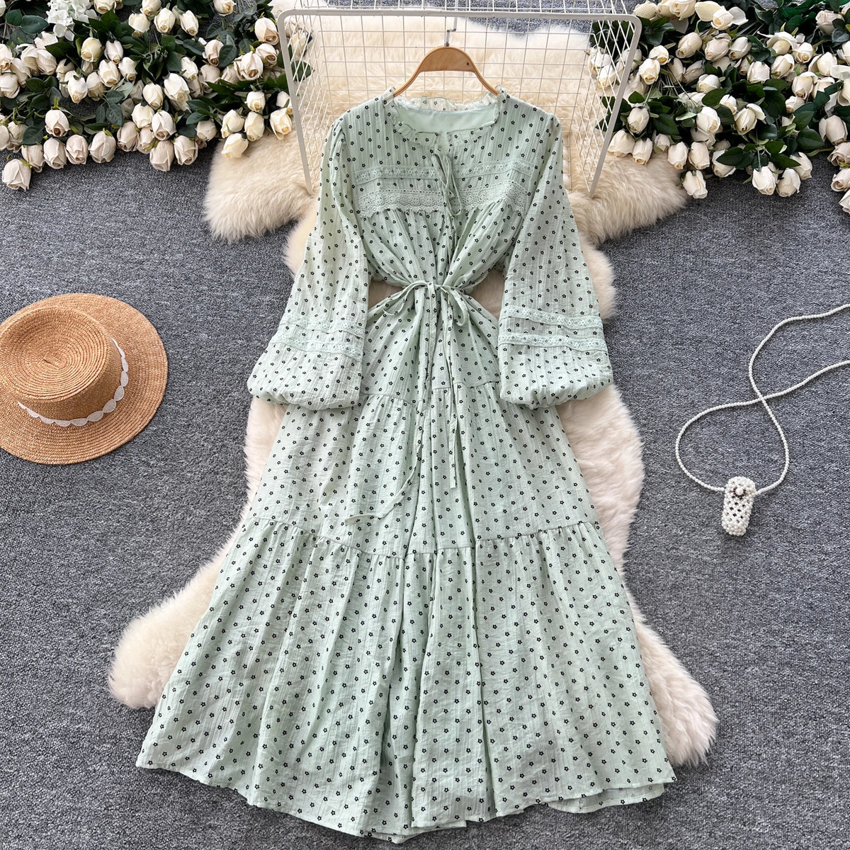 Boho Lace Lantern Sleeve Maxi Dress