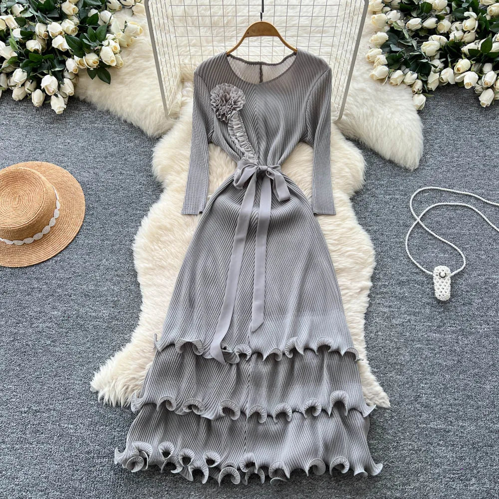 Floral O-Neck Ruched Long Sleeve Dress