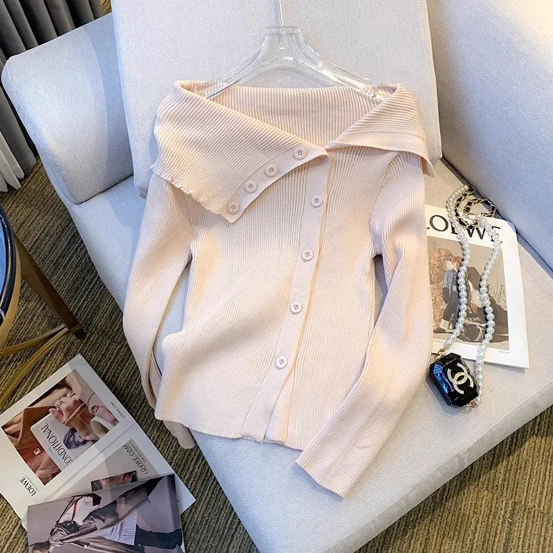 Off-Shoulder Button Knit Sweater