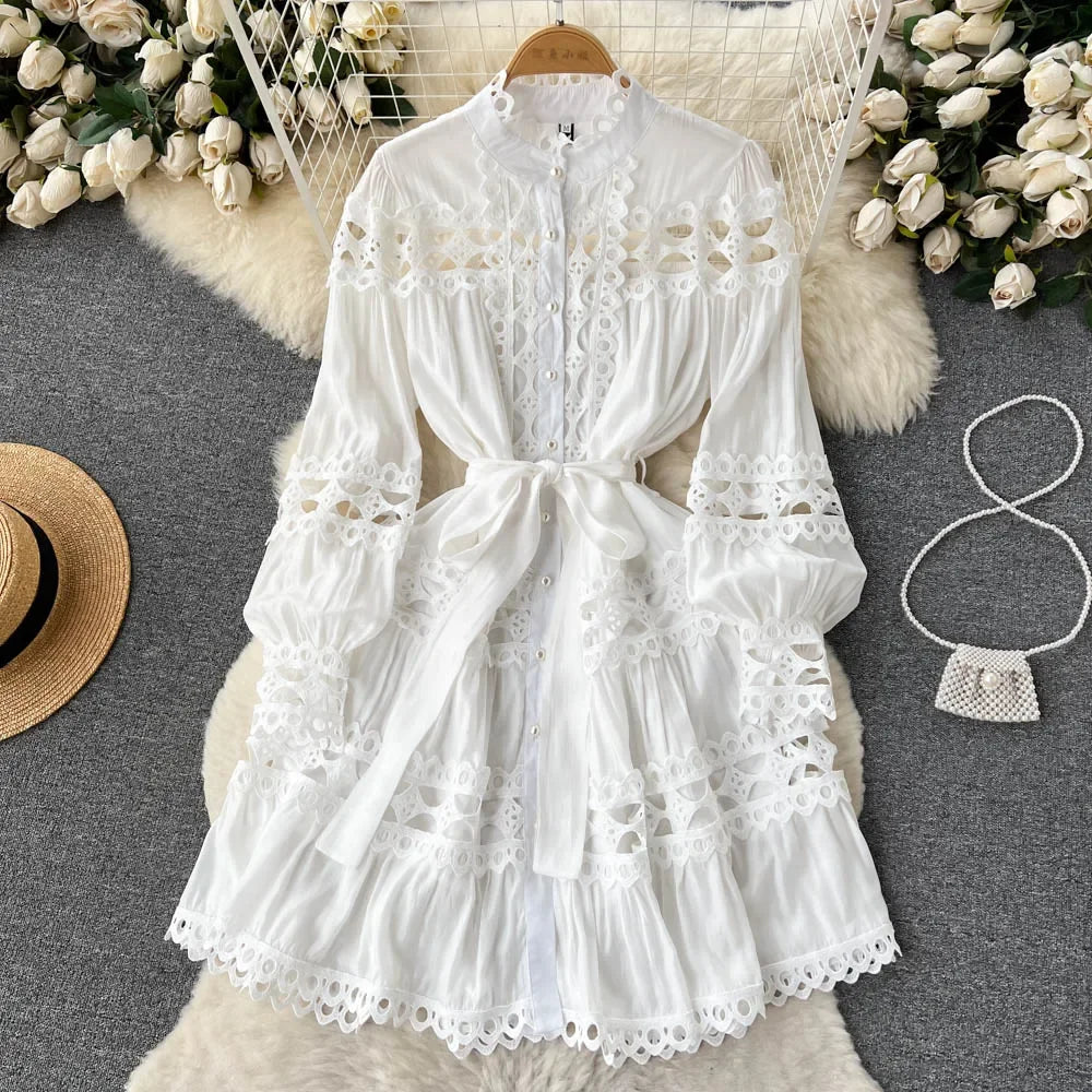 Lace Cutout Lantern Sleeve A-Line Dress