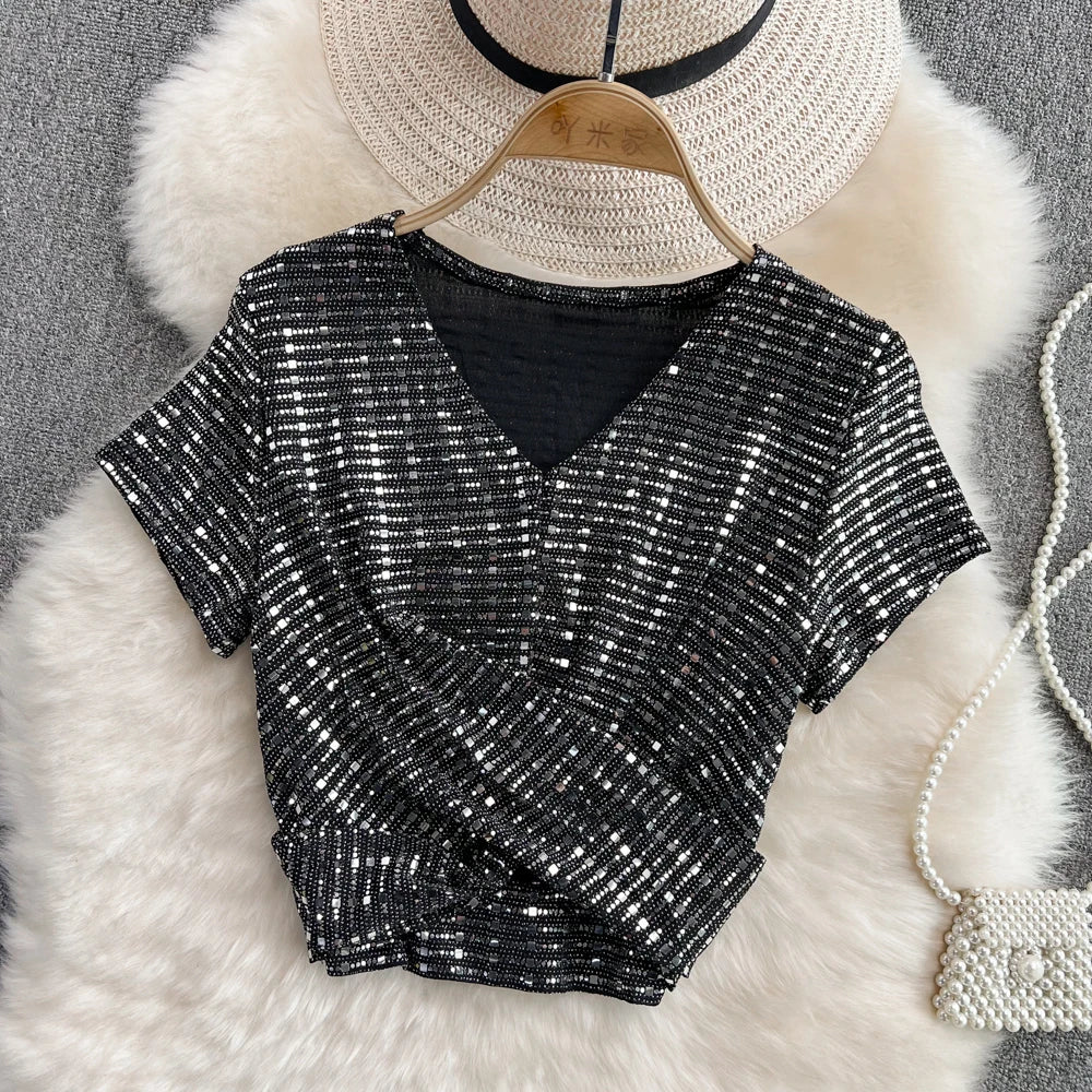 Glitter Sequin Pleated V-Neck Crop Top