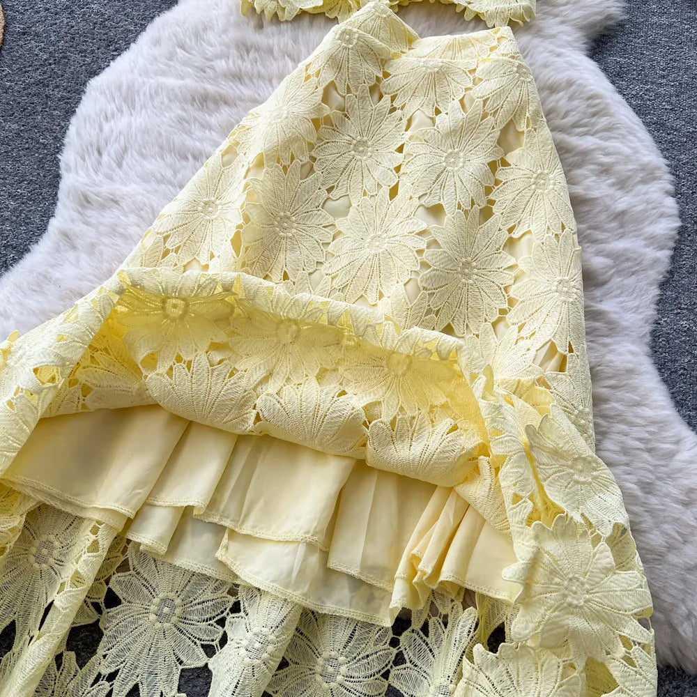 Lace Cutout Collared Top and Skirt Set