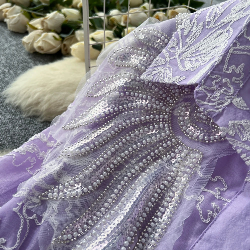 Beaded Button Long Sleeve Party Dress