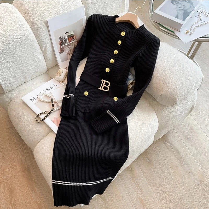 Belted Button Knit Bodycon Sweater Dress
