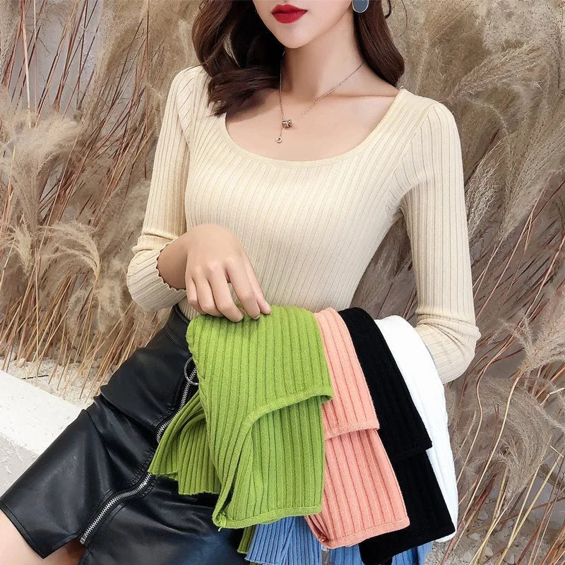 Ribbed Knit Fitted Pullover Sweater