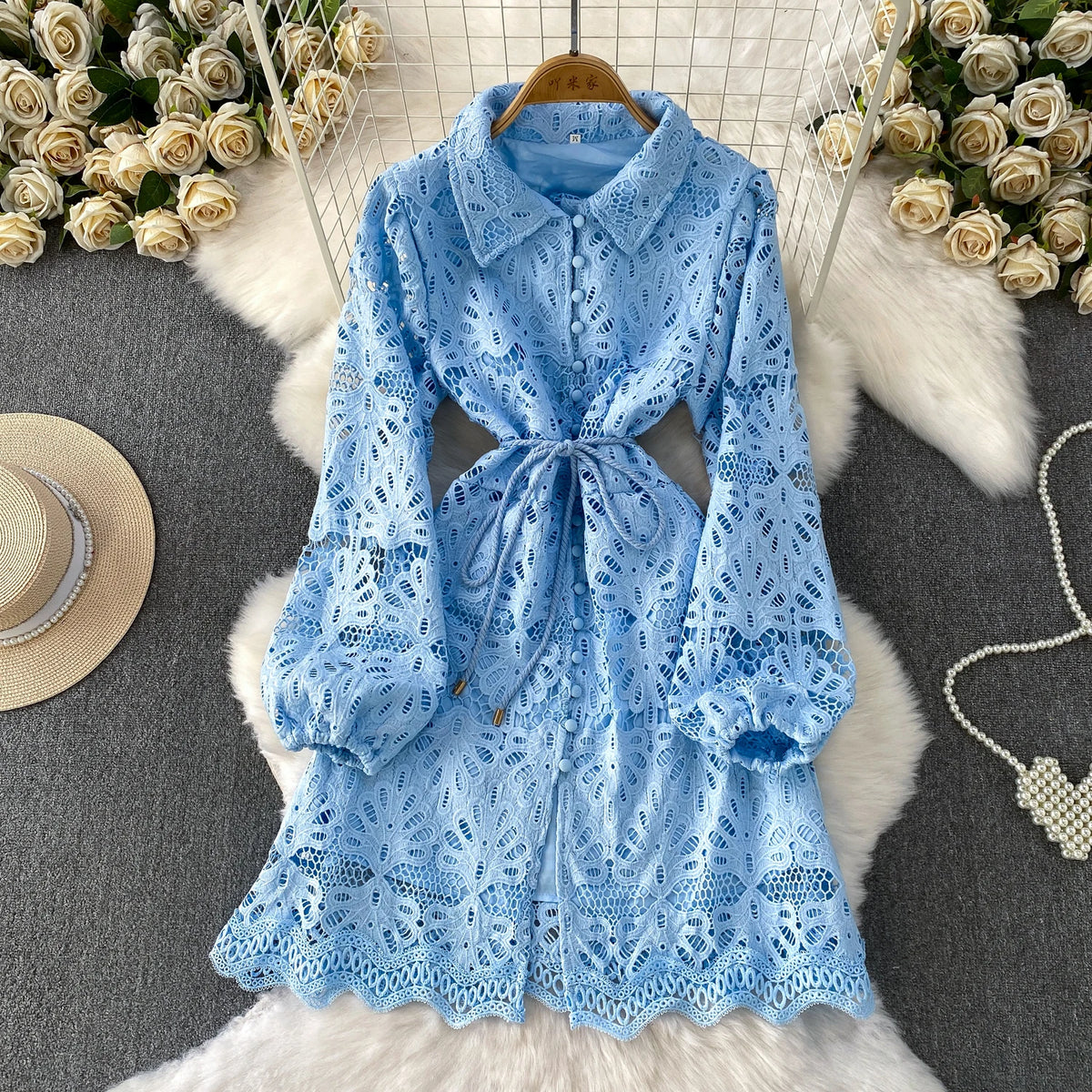 Lace Cutout Long Sleeve Vintage Dress