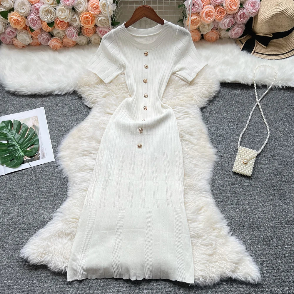 Button Front Knit Bodycon Maxi Dress