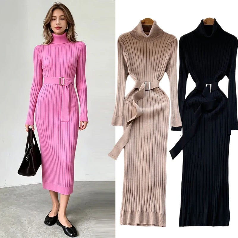 Turtleneck Long Sleeve Knit Bodycon Sweater Dress