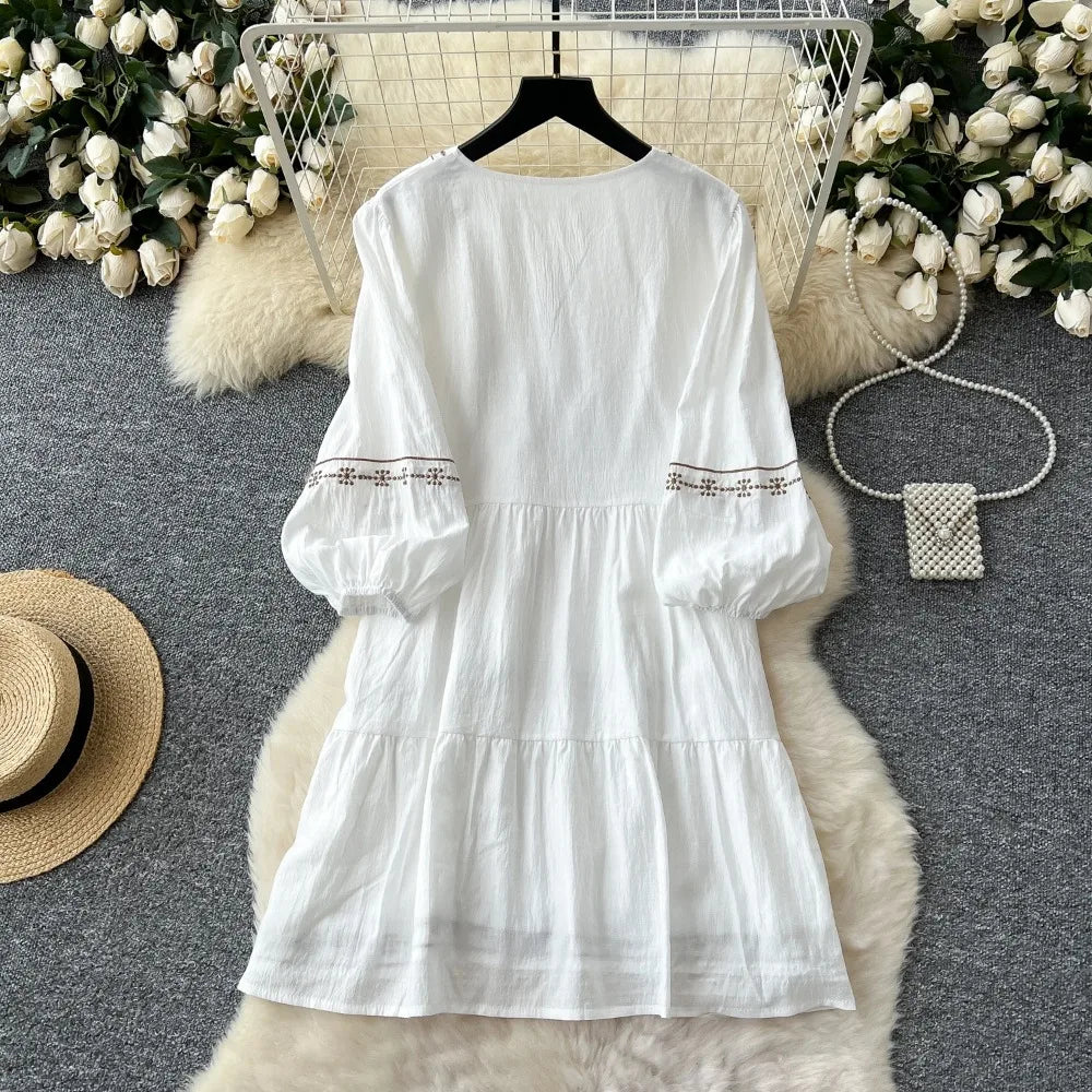 Embroidered Tassel V-Neck Dress