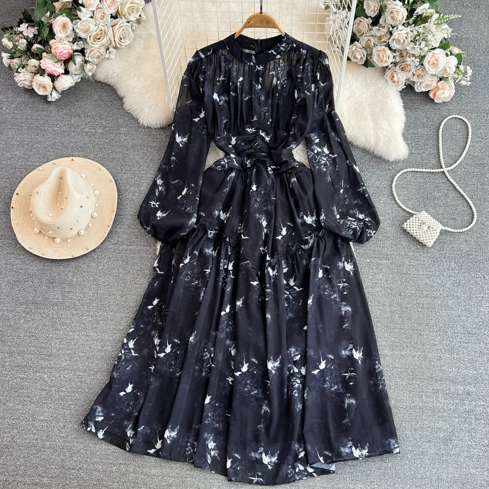 Print Mock Neck Lantern Sleeve A-Line Dress