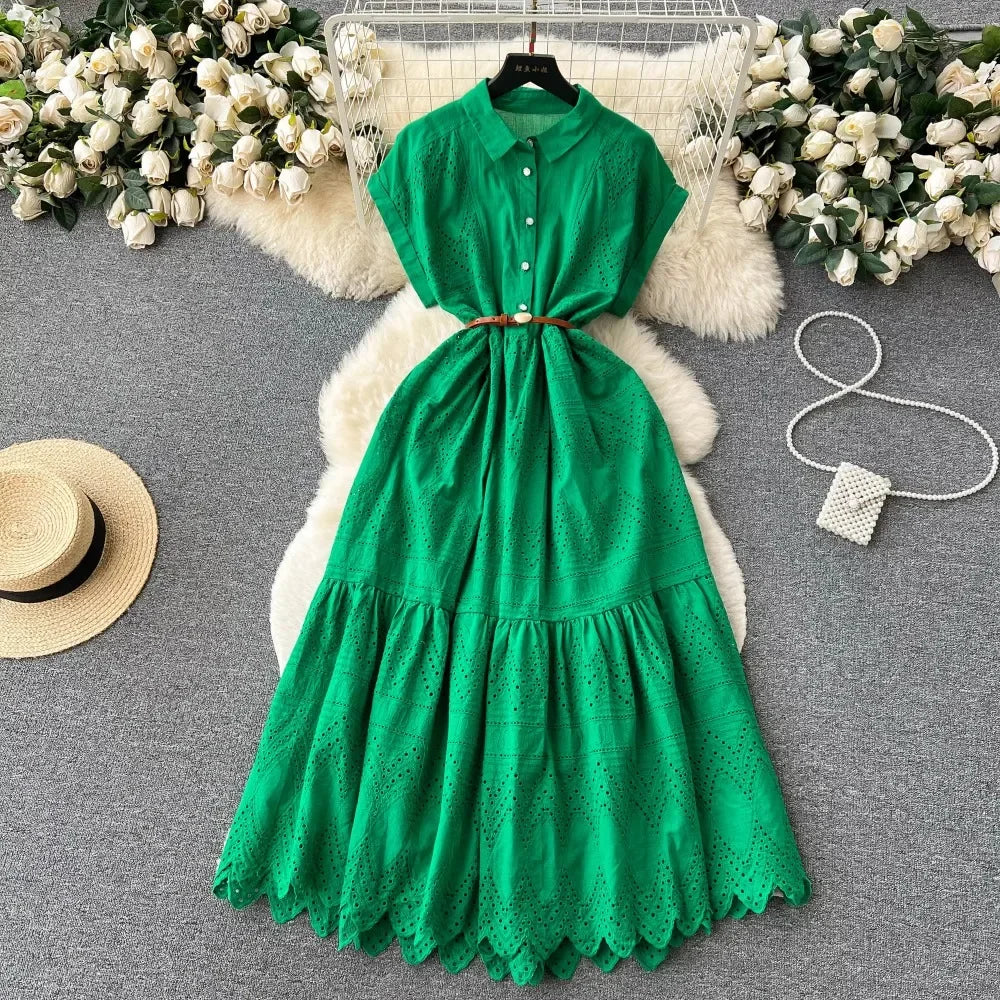 Collared Tie Waist Maxi Shirt Dress