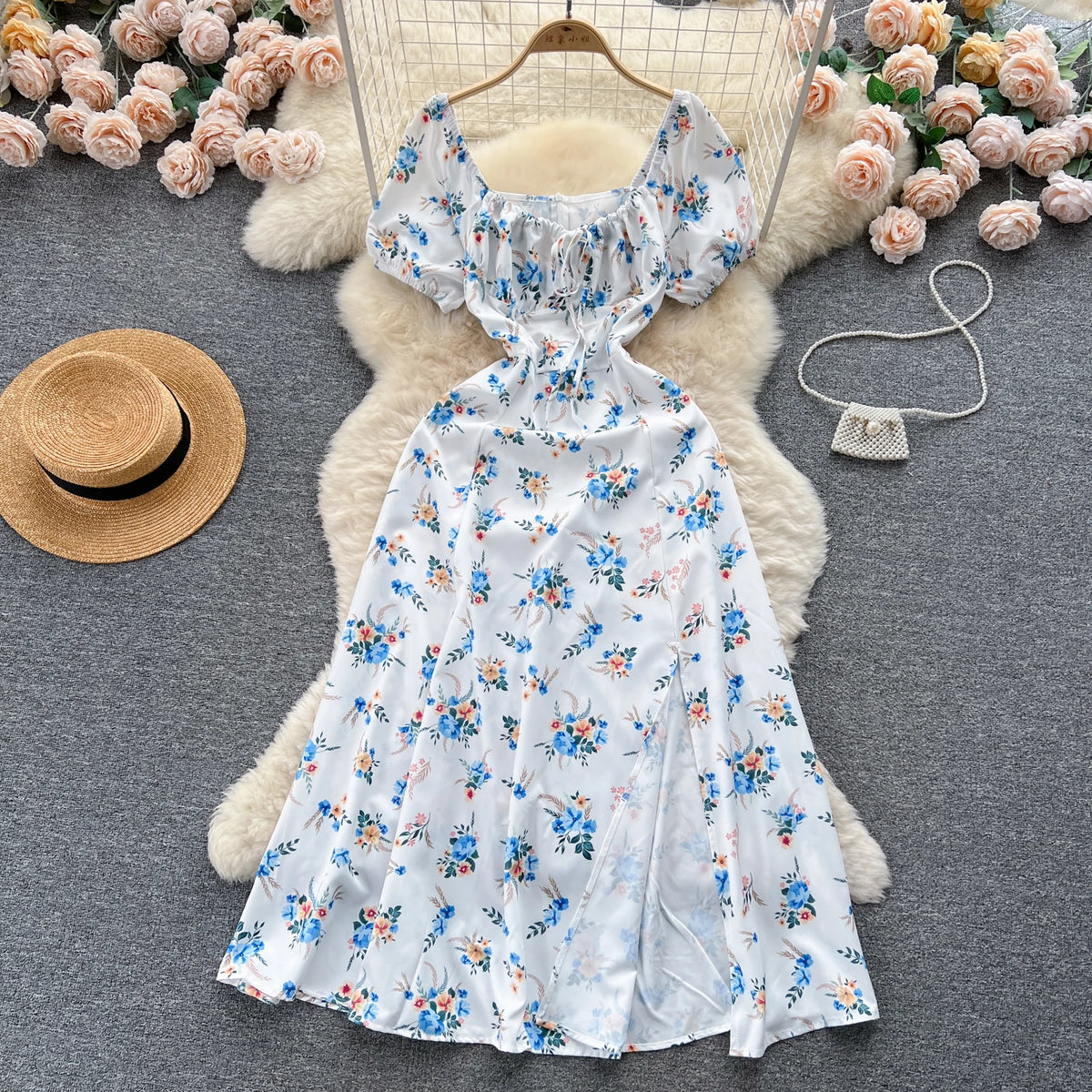 Print Square Neck Puff Sleeve Split Dress