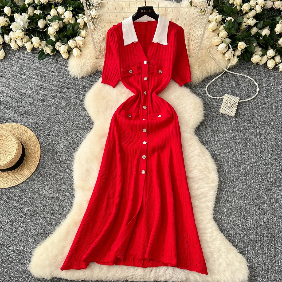 Patchwork Knit Collared Button Front Dress