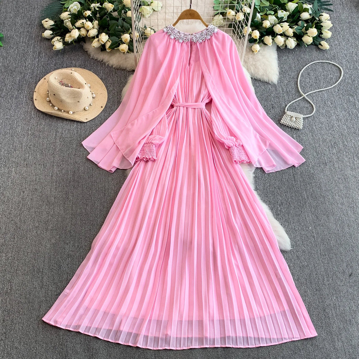 Rhinestone Mesh Long Sleeve Maxi Dress